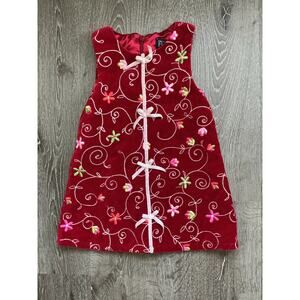 Vintage Children's Place Sleeveless Red Velour Floral‎ Embroidered Dress